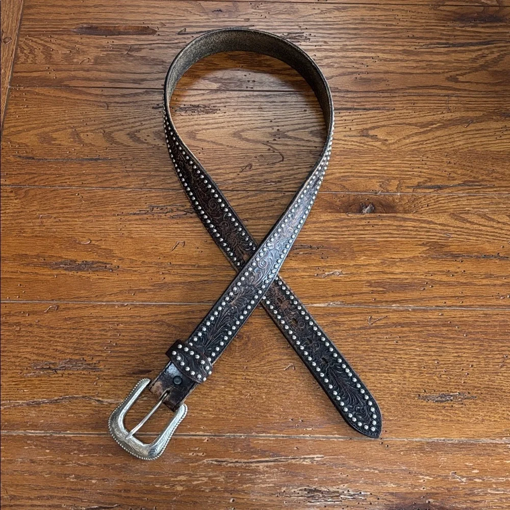 Vintage Brown Leather Tooled Silver Studded Western Belt Men’s Size 38